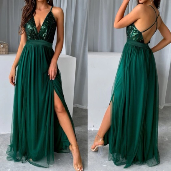 Luxe sequins open back party formal evening wedding gown dress LAST PACK - Picture 8 of 16